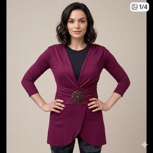 Vertigo Paris maroon long sleeve blouse, deep V-neck, waist brooch, Small